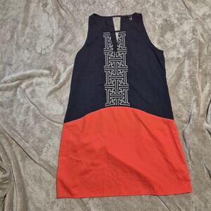 THML Navy Blue and Coral Orange Colorblock Greek Key Embroidered Shift Dress L